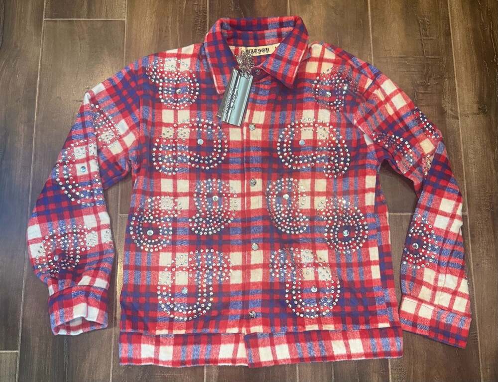 Watson Rhinestone Embellished Red Blue Plaid Flannel Button-Up Shirt Jacket